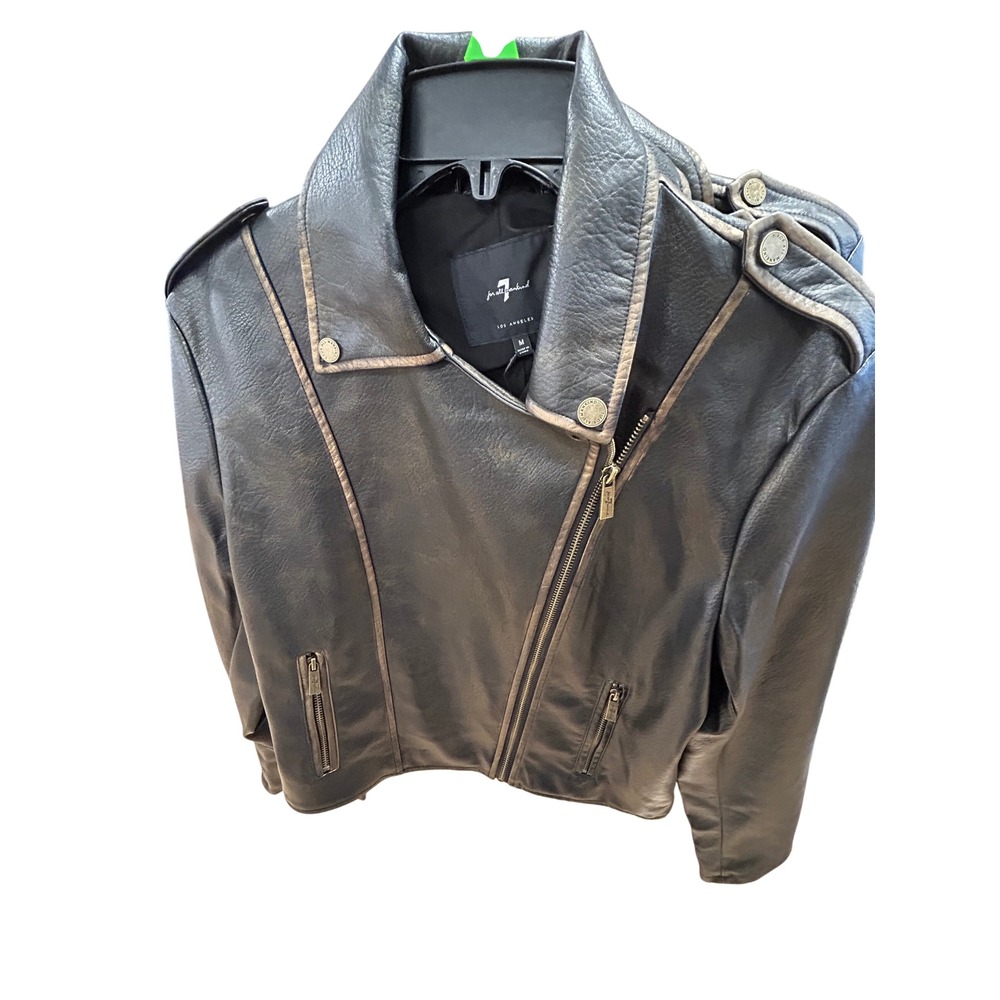 7 For All Mankind Womens Faux Leather Moto Jacket Black Distressed M NEW